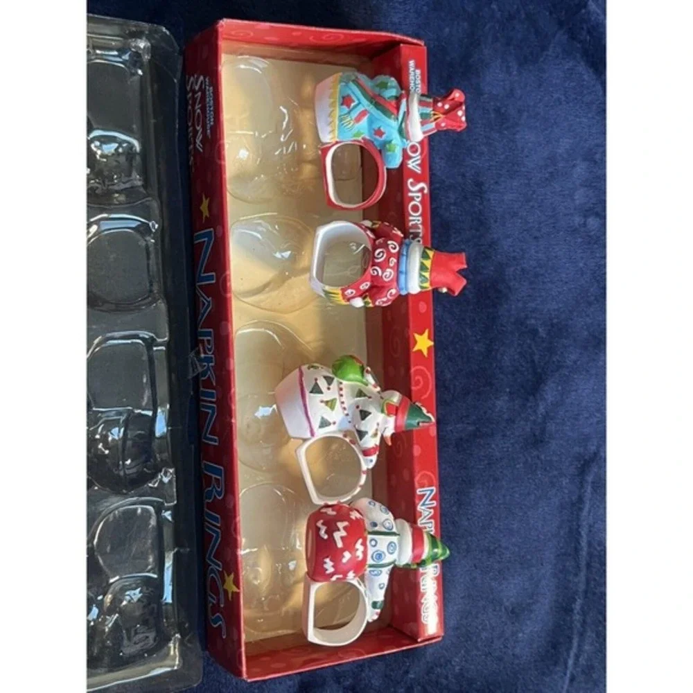 Vintage Boston Warehouse Snowman Napkin Rings Set of 4 Christmas Snow Sports Box